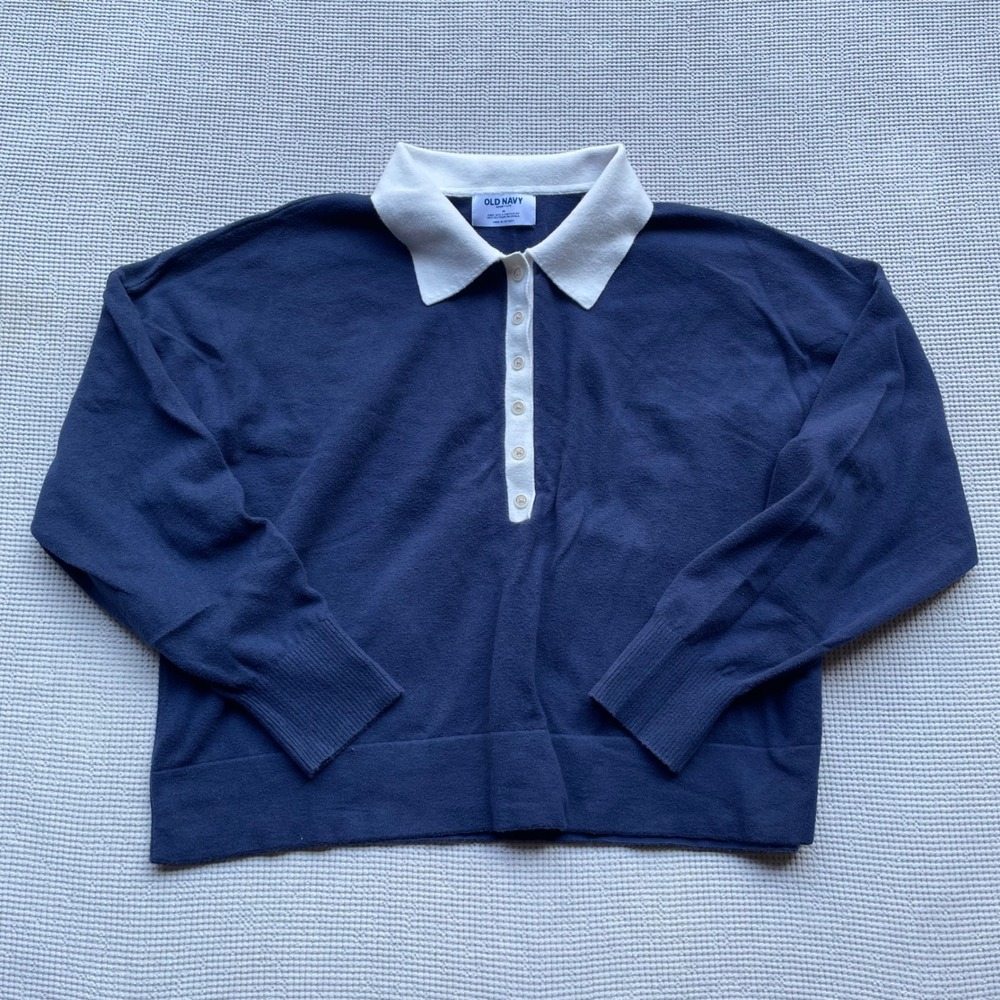 Old Navy Womens Navy Blue White Collar Polo Sweater Medium Relaxed Knit Henley